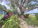 Landscaped backyard with pool and lake beyond the grand old tree and winding stone path at 255 Lake Link Rd, Winter Haven, FL 33884