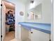 Bathroom vanity with a blue countertop, cabinets, and an adjoining closet, offering both style and functionality at 255 Lake Link Rd, Winter Haven, FL 33884