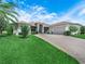 Well-maintained house with lush green lawn, brick driveway, and mature palm tree in a sunny setting at 4004 Sable Loop Dr, Lake Wales, FL 33859