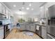 Kitchen features gray cabinets, stainless steel appliances, and granite countertops at 4175 Muirfield Loop, Lake Wales, FL 33859