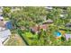 Aerial view of a single-Gathering home surrounded by a fenced yard, mature trees, and an above ground swimming pool at 527 Duchess Dr, Lakeland, FL 33803