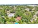 Bird's eye view of the property, highlighting the treed neighborhood, nearby city, and above ground swimming pool at 527 Duchess Dr, Lakeland, FL 33803