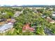 Wide aerial view showcasing the community, mature trees, proximity to the city, and in-ground swimming pool at 527 Duchess Dr, Lakeland, FL 33803