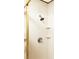 Shower with small white square tiles, a glass door, and a chrome shower head and handle at 109 Dakota Ave, St Cloud, FL 34769