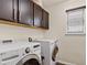 Well-equipped laundry room with upper cabinets, a window, and modern washer and dryer at 2612 San Simeon Way, Kissimmee, FL 34741