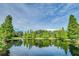 Scenic community pond surrounded by mature trees reflecting a clear blue sky with fluffy white clouds at 6528 Sedgeford Dr, Lakeland, FL 33811