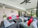 Covered outdoor patio featuring stylish furniture, ceiling fan and sliding glass doors at 8640 Firestone Cir, Clermont, FL 34711