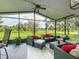 Inviting screened-in patio with stylish outdoor furniture and view of the beautiful green space at 8640 Firestone Cir, Clermont, FL 34711