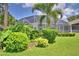 Screened-in lanai surrounded by lush landscaping and a mature palm tree enhances outdoor living at 2350 Paulette Dr, Haines City, FL 33844