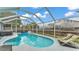 Outdoor pool area with a screen enclosure, hot tub, lounge chairs, and outdoor lighting for evening enjoyment at 2602 Whitewood Rd, Mulberry, FL 33860