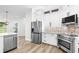 Well-lit kitchen featuring stainless steel appliances, white cabinets, stone backsplash, and modern fixtures at 5820 E Johnson Ave, Haines City, FL 33844