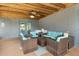Relaxing covered patio with comfortable wicker furniture and a ceiling fan at 704 Butternut Pl, Lakeland, FL 33813