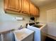 Bright laundry area with overhead storage, a utility sink, and a modern washing machine at 741 Canberra Rd, Winter Haven, FL 33884