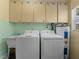 Functional laundry room features a utility sink, washer, dryer, and storage cabinets at 2800 Sunset Nw Dr, Winter Haven, FL 33881