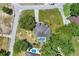 An aerial view shows the house with a swimming pool in the backyard surrounded by lush greenery and mature trees at 2861 Pond View Dr, Haines City, FL 33844