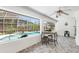 Enclosed sunroom with ceiling fan overlooking the sparkling in-ground pool at 2861 Pond View Dr, Haines City, FL 33844