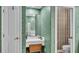 Bathroom vanity with green walls, wood chair, and a shower curtain at 3717 Tigereye Ct, Mulberry, FL 33860