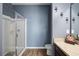 This bathroom features blue walls, wood floors, and a glass-enclosed shower at 4662 Osprey Way, Winter Haven, FL 33881