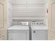 Efficient laundry area with a side-by-side washer and dryer and overhead wire rack shelving for organizing your laundry items at 1349 Innsbruck Ct, Winter Haven, FL 33884