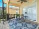 Relax on the covered patio with comfortable seating and a view of the screened-in pool at 5200 Pebble Beach Blvd, Winter Haven, FL 33884