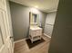 A well-lit bathroom featuring a modern vanity, mirror and wood-look flooring at 100 Papaya Cv, Leesburg, FL 34748