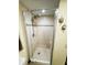 This bathroom showcases a glass-enclosed shower with tiled walls and a dual showerhead at 207 Jacaranda Dr, Leesburg, FL 34748
