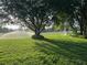 Backyard view showing the sprinklers watering the lush green lawn at 25879 Crossings Bluff Ln, Sorrento, FL 32776