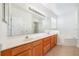 Well-lit bathroom with double sinks, wooden cabinets, and a separate bathtub at 9651 Old Marsh Ct, Orlando, FL 32832