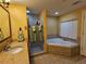 Bright bathroom featuring a walk-in shower, vanity, and a large soaking tub with tiled surround at 12527 Floridays Resort Dr # 406-E, Orlando, FL 32821