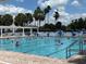 Community swimming pool with palm trees and clear blue water, perfect for relaxation and recreation at 1305 Guerra Ave, The Villages, FL 32159