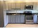 This well-appointed kitchen features stainless steel appliances, ample gray cabinetry, and a stylish marble backsplash at 1010 Dakota Ave, St Cloud, FL 34769