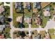 Birds eye view of a neighborhood with houses featuring pools, lawns, and tree-lined streets at 115 Henue Ct, Davenport, FL 33896