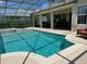 A luxurious pool with a connecting jacuzzi, encased in black screens with the view of a building at 1387 Lexington Ave, Davenport, FL 33837