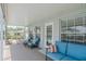 Relaxing covered patio with plush blue seating, offering a comfortable and stylish outdoor living space at 720 Shore Drive, Kissimmee, FL 34744