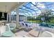 Enjoy the screened-in patio with pool and seating area at 1735 Oak Blossom Dr, Davenport, FL 33837