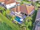 Aerial view showcasing a backyard pool, patio area, and well-maintained landscaping around the property at 2891 Swoop Cir, Kissimmee, FL 34741