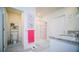 Bathroom featuring walk-in shower, granite countertops, decorative art, and modern fixtures at 2378 White Lilly Dr, Kissimmee, FL 34747
