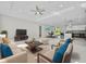 Open-concept living space features tile floors, modern furniture, and seamlessly connects to the dining and kitchen areas at 319 Water Shore Dr, Leesburg, FL 34748