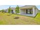 This backyard features a covered patio, lush green lawn, and ample space for outdoor enjoyment and shade trees at 196 Flag Lilly Ln, Umatilla, FL 32784