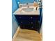Bathroom vanity has blue cabinets, a white countertop, and wood flooring at 319 Celebration Blvd, Celebration, FL 34747