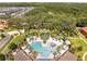 Aerial view of the community pool surrounded by trees, landscaping, homes and green space at 2505 Dharma Cir, Kissimmee, FL 34746