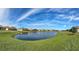 Panoramic view of backyard pond surrounded by lush grass, showcasing the serene setting at 3960 Steer Beach Pl, Kissimmee, FL 34746
