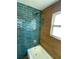 A stylish bathroom with blue-green tile and a wood-look accent wall at 701 1St Ne St, Fort Meade, FL 33841