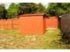 View of the shed with the surrounding red fence in the backyard at 1053 Hemingway Dr, Deltona, FL 32725