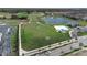Aerial view of the community amenities including a soccer field, beach volleyball court, playground and scenic pond at 712 Whistling Straits Blvd, Davenport, FL 33896
