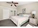 Cozy bedroom showcasing a ceiling fan, closet and bedside lamps on matching nightstands at 8716 Rain Forest Pl # D, Kissimmee, FL 34747