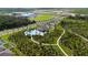 Aerial view of community pool and clubhouse, surrounded by lush greenery, walking trails, and neighborhood amenities at 1687 Park Side Ave, Kissimmee, FL 34744