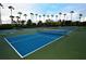 Multiple pickleball courts with blue surface and surrounding palm trees at 504 Ridge View Dr, Davenport, FL 33837