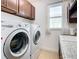 Laundry room with LG washer and dryer, cabinets, and granite countertop at 663 Irvine Ranch Rd, Poinciana, FL 34759