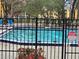 Exterior view of the community pool surrounded by iron fencing and landscaping at 5267 Images Cir # 303, Kissimmee, FL 34746